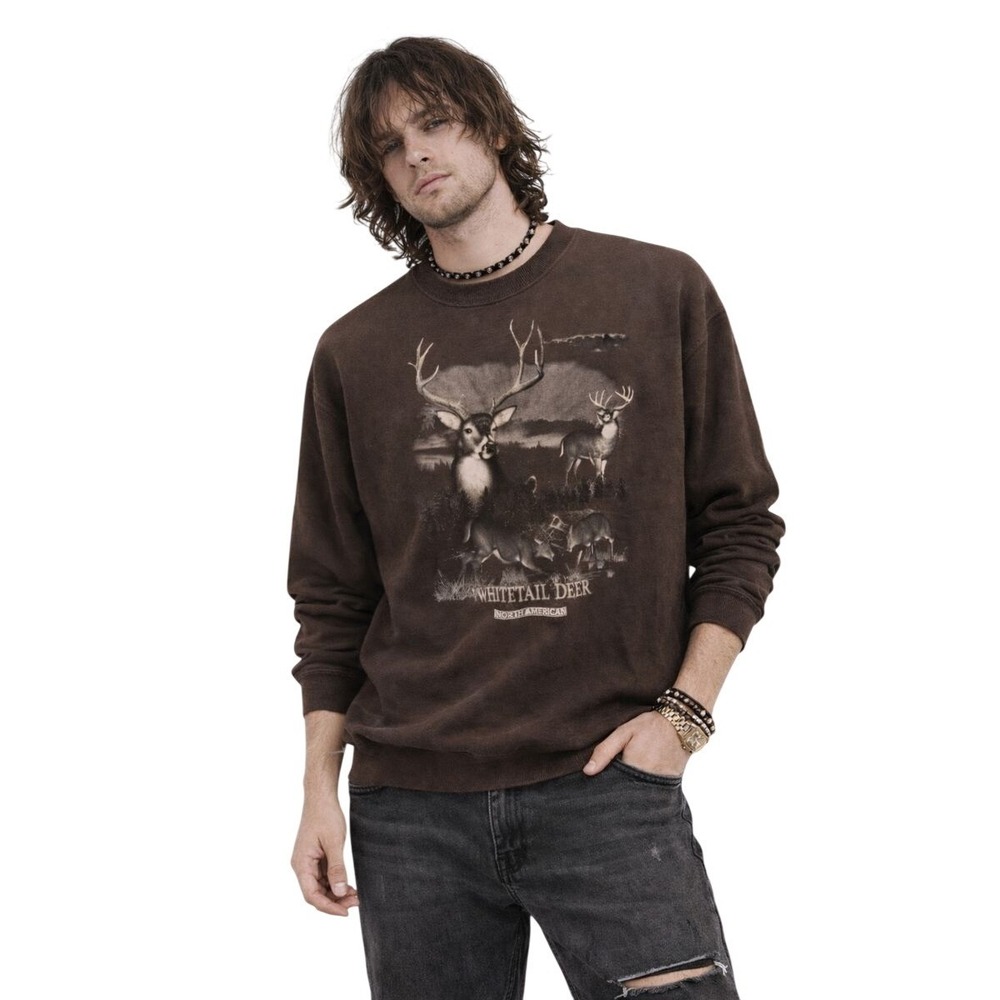 VTG 90s Grunge Covington Mens‎ Graphic Sweatshirt Brown Whitetail Deer Print XXL